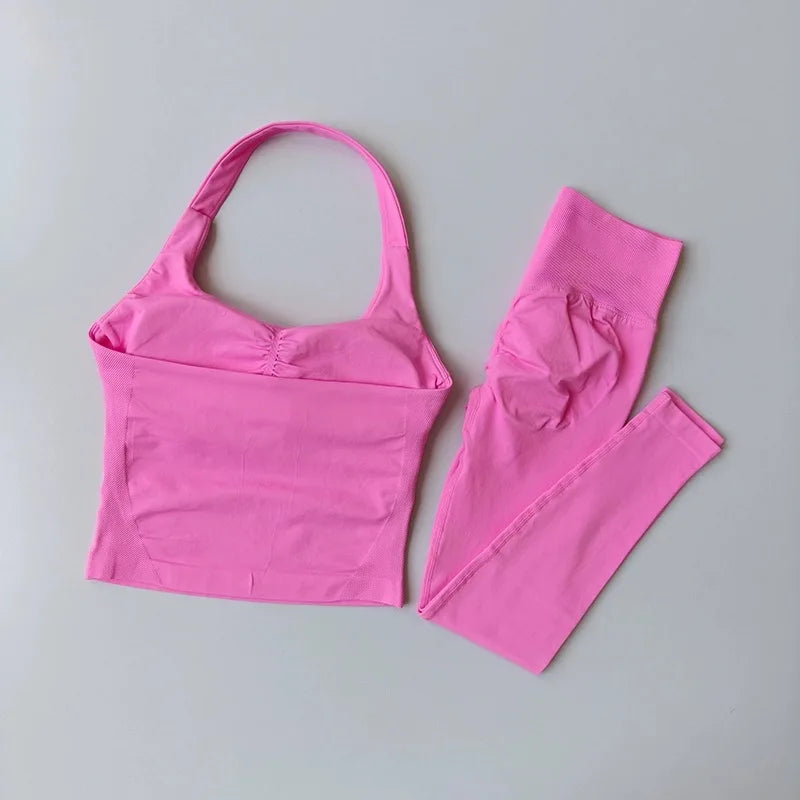 Fitness Set, Long Halter Neck Back-Shaping Leggings, High-Waisted Butt-Lifting Breathable Training Pants for Women