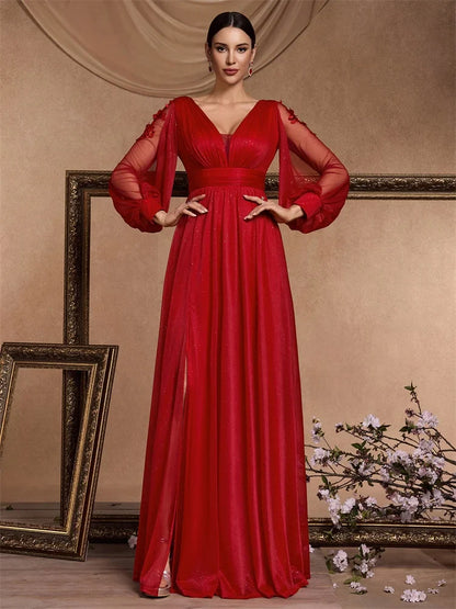 Elegant Slit Formal Applique Chiffon Evening Dress Luxury 2025 Women Long Mermaid V-neck Caicktail Gown Wedding Party Prom