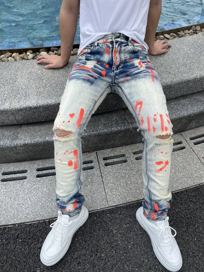 Men's Y2K-Style Denim Pants With Hand Drawn Colorful Tear Stop Pattern Design  Best Selling Product  Free Shipping Included
