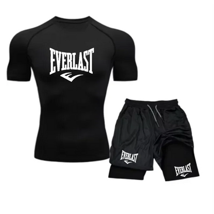 Men's Compress Shirt + 2-in-1 sports shorts 2pcs Set Leisure Breath Short Sleeve Sport Jogging Gym Brand Print Clothing