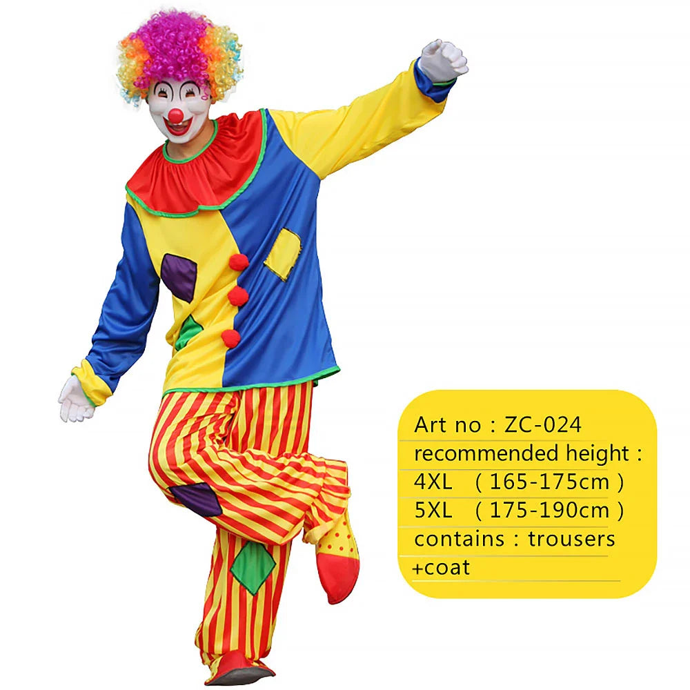 2025 New adult Circus Clown Cosplay Costumes Stage Performance Halloween Clown Role Play  Supply for Birthday Carnival