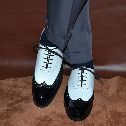 Formal Oxfords Shoes for Men White Black Real Cow Patent Leather Business Lace-up Wingtip Toe Brogue Wedding Mens Dress Shoes