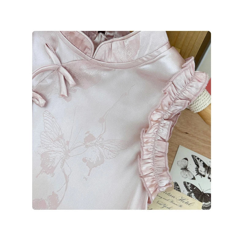 Vestido de princesa rosa estilo chinês retrô Qipao sem mangas para meninas de 2 a 10 anos Vestido 2026 Novo verão Roupas para o Dia das Crianças 6.1