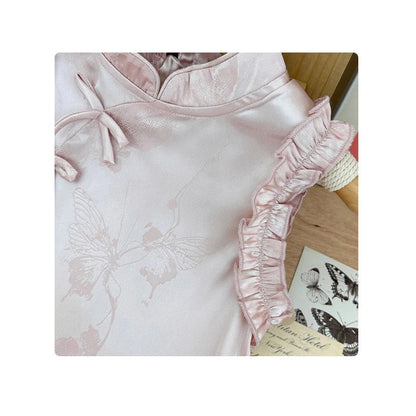 Vestido de princesa rosa estilo chinês retrô Qipao sem mangas para meninas de 2 a 10 anos Vestido 2026 Novo verão Roupas para o Dia das Crianças 6.1