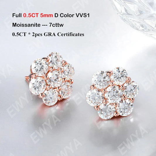 Sparkling Full 5mm 0.5CT D Color Moissanite Screw Earrings for Women 925 Silver Pass Diamond Test Flower Ear Studs with GRA