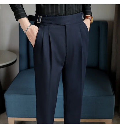 Luxury Men's Slim High-Rise Dress Pants - Heavyweight Subtle Stripe with 3D Pleats & Naples Tailoring