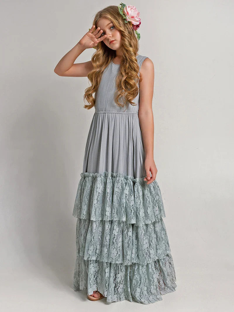 Princess Girls Lace Bohemia Long Dresses Baby Kids Flower Wedding Party Dress Cotton Lining Vestidos Costume Children Clothing