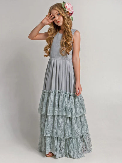 Princess Girls Lace Bohemia Long Dresses Baby Kids Flower Wedding Party Dress Cotton Lining Vestidos Costume Children Clothing