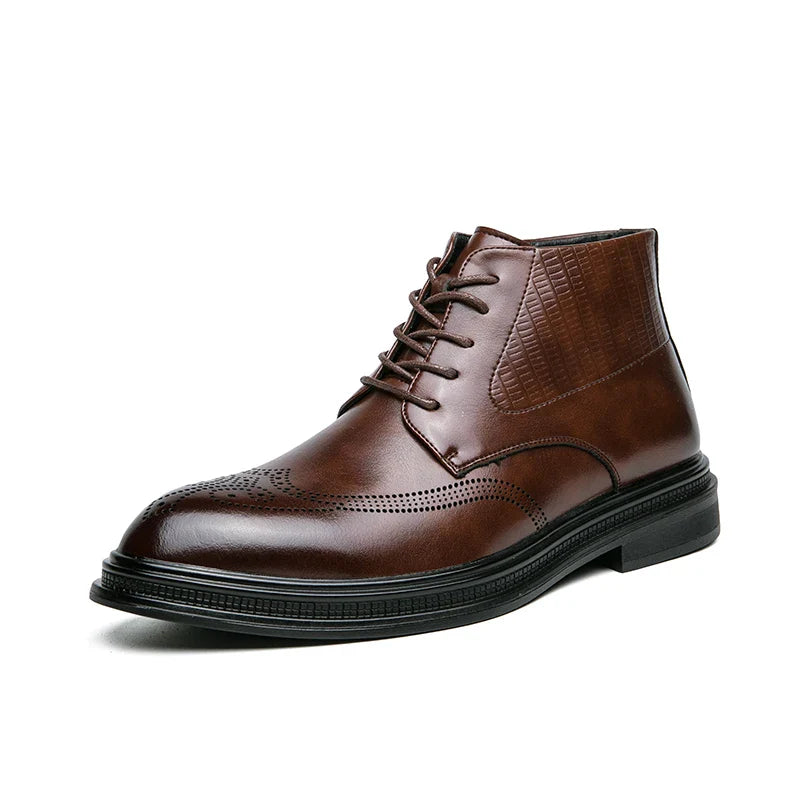 Men Pu Leather High Top Boots With Side Zipper Block Carving Design Business Casual And Handmade Ankle Boots