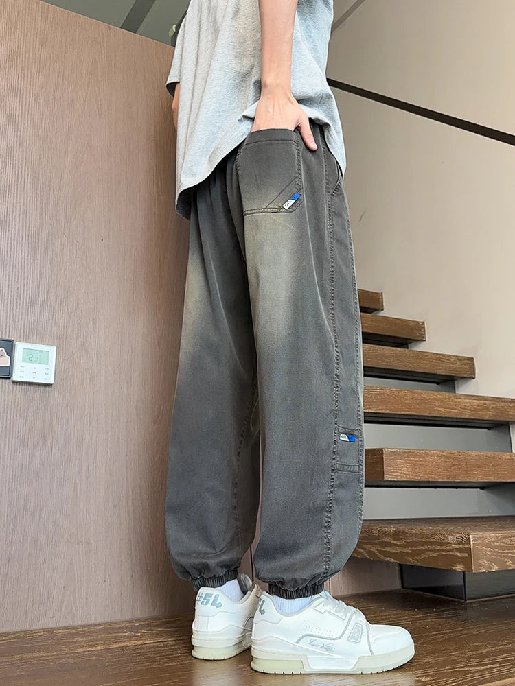 Lyocell Washed Men’s Jeans Lightweight Harem Joggers With Elastic Waist 4 Colors Baggy Denim Pants Asian Size L-6XL