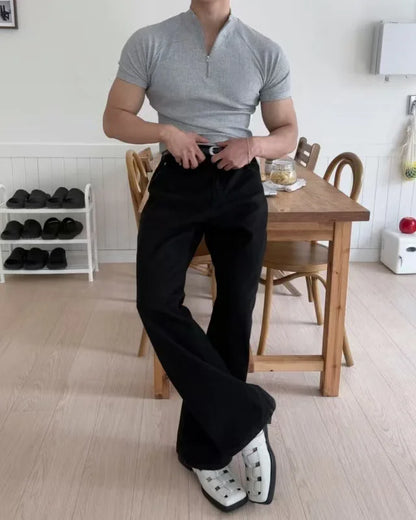 Summer New Men's Sportswear Casual Running And Fitness Stretch Solid Color Zipper Simple Striped Thick Short-sleeved T-shirt