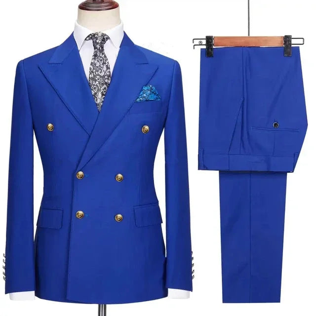 Double Breasted Men Suit Navy Blue High Quality Wedding Costume Party Prom Gold Buttons Groom Suits