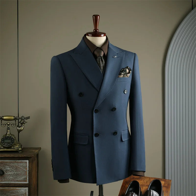 Terno Masculino de Alta Qualidade Formal Social Slim Fit Abotoamento Duplo Listrado Conjunto de Terno Noivo Casamento Roupa de Festa Smoking Roupa Masculina