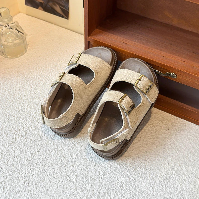 Kids Suede Strappy Sandals for Boys Girls 2025 Summer Toddler Beach Barefoot Shoes Non-slip Versatile Comfort Casual Sandals Ins