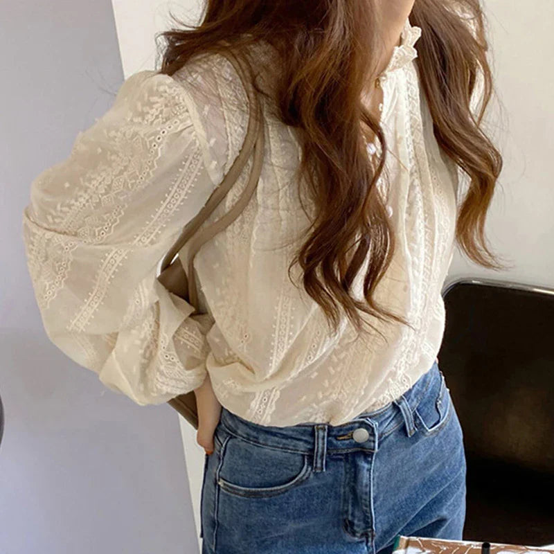 New Chic Spring Autumn  Lace Women Fashion Blouse Long Sleeve Casual Elegant Office Loose Shirt Collar Elegant Top Clothes