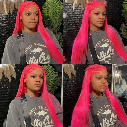 30 36 inch Hot Pink Transparent Lace Front Wig Human Hair 13x6 Lace Frontal Wigs For Women Long Straight Colored Human Hair Wigs