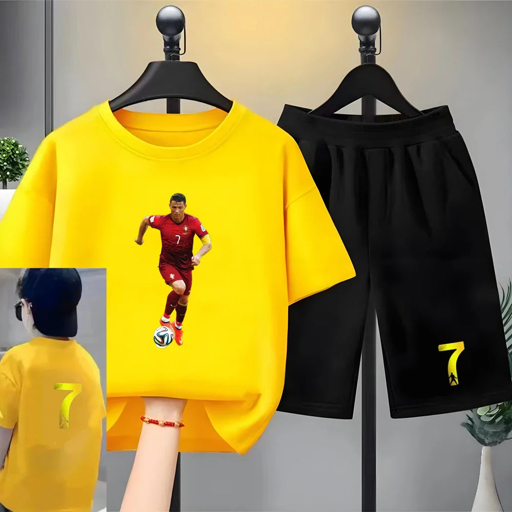 Children Football Player Player No. 7 Print Clothing Short-sleeved T-shirt+Shorts Boys Girls Toddler 3-12Yrs Sports Set Summer