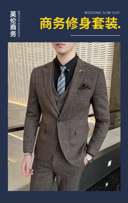 Boutique Suits (Blazer+ Vest + Pants) Men Fashion Hosting Work Business Wedding Casual Linen Art Style Elegant Gentleman's Suit