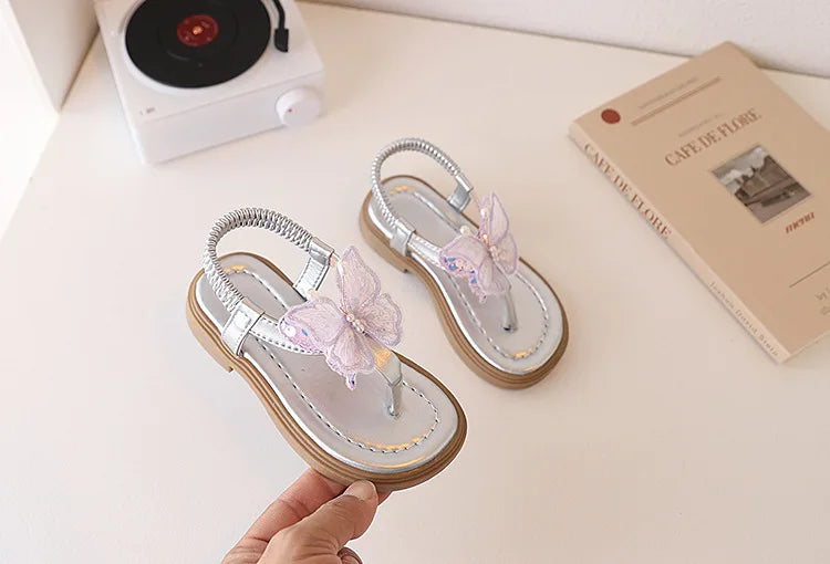 Korean Style Little Girl Sandal Clip-toe Children's Princess Beach Slippers Sweet Lace Butterfly Kids Fashion Flat Sandals New
