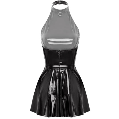 Glossy Patent Leather Glossy Mini A-Line Latex Dress for Womens Swing Skirt Skater Bodycon Mini Dress Rave Disco Party Clubwear