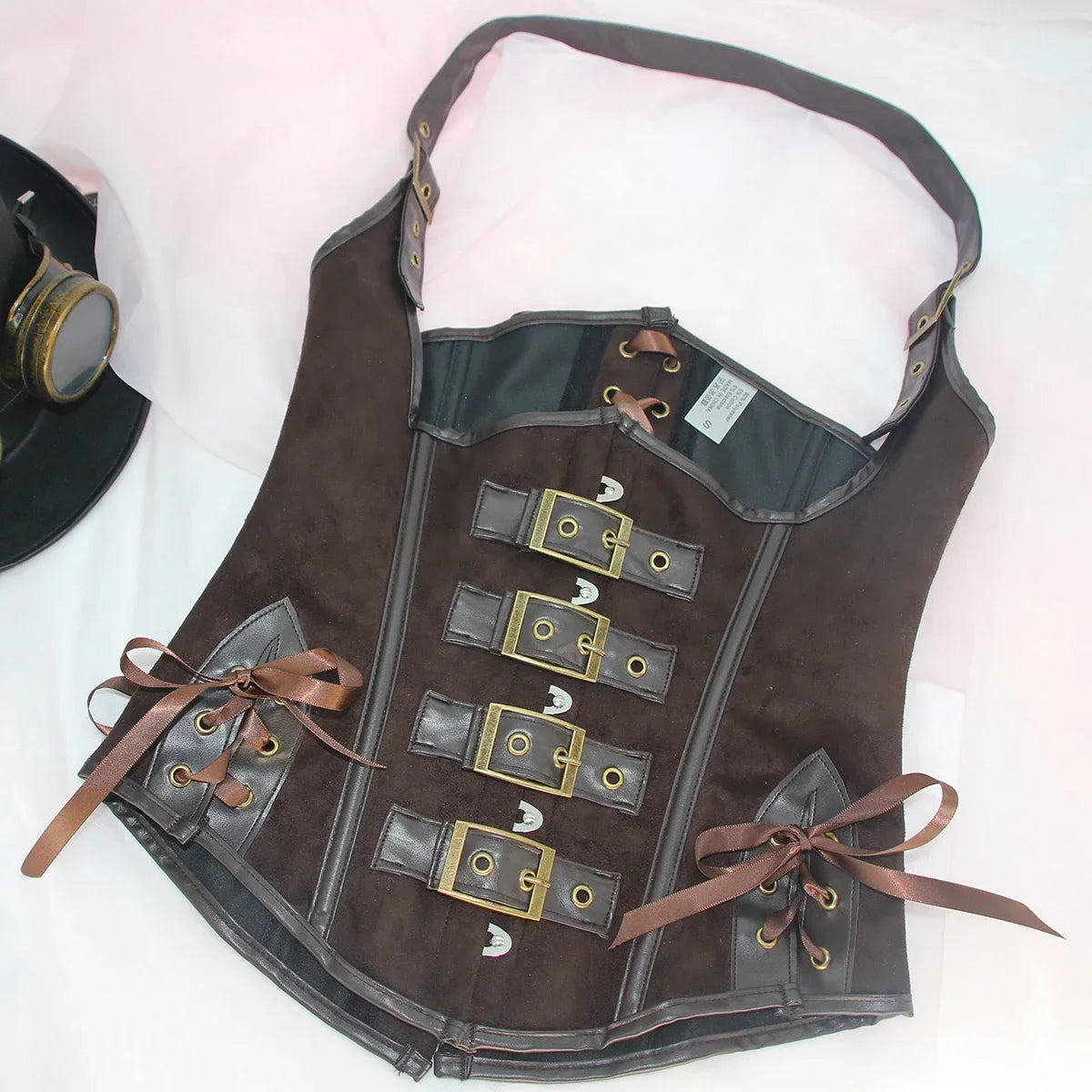 Brown Suede Corset Top with PU Leather Gothic Steampunk Bustier Lace Up Slim Waist Shapewear Women Halloween Cosplay Costume