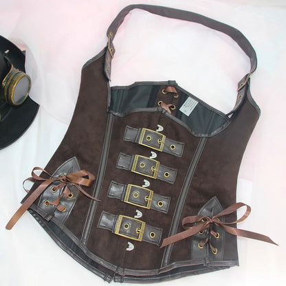 Brown Suede Corset Top with PU Leather Gothic Steampunk Bustier Lace Up Slim Waist Shapewear Women Halloween Cosplay Costume
