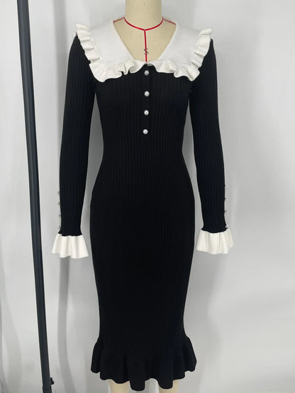 High Waist Ruffled Maxi Dresses For Women Autumn Winter Knitted Slim Long Dress Women's Vintage Dress Woman Retro Elegant
