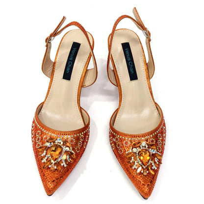 Italian Shoes and Bags Matching Set 2024 Nigerian Heel Party for Women Orange Colour Italian Design Wedding INS 2024
