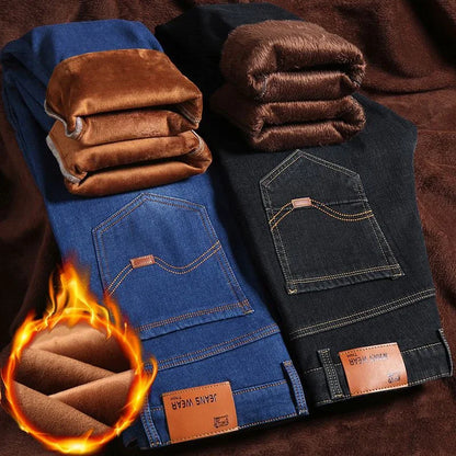 Men New Fashion Winter Warm Jeans Male Fleece Lined Thickened Denim Pants Loose Straight Comfortable Casual Black Blue Trousers