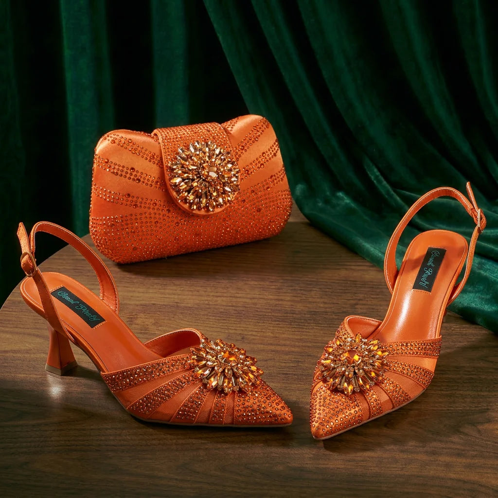 2026 Elegant Purple Color Women's Heels Shoes Bag Set Rhinestone Embellished Designer HAND CRAFTED UPPER Shoes for Special Event