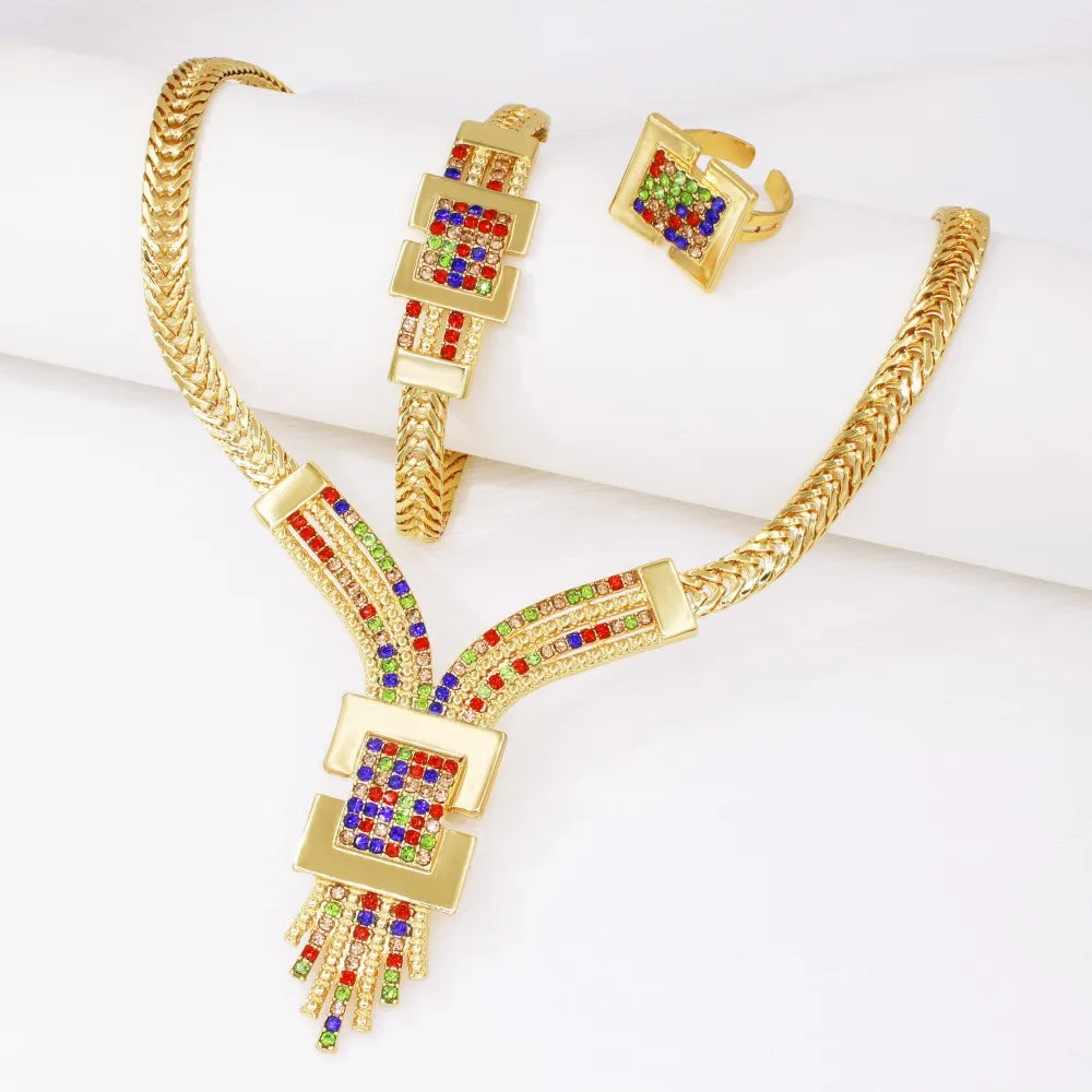 Gold Plated Jewelry Set African Dubai Nigeria Charm Necklace Bracelet Earring Ring For Women 2025 New Banquet Jewellry
