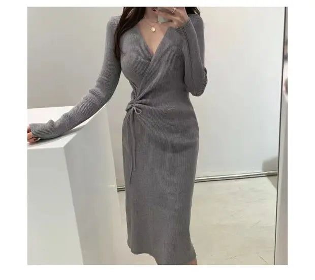 V-ne Knitted Wrap Waist Slimming Mid-length A-line Dr Women's Sweater Dr Korean Sle High Waist Long Sve