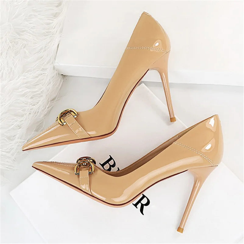 Women 7cm 10cm High Heels Wedding Bridal Replica Pumps Lady Scarpins Metal Chain Buckle Low Heels Stiletto Nude Green Prom Shoes