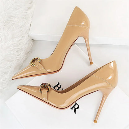 Women 7cm 10cm High Heels Wedding Bridal Replica Pumps Lady Scarpins Metal Chain Buckle Low Heels Stiletto Nude Green Prom Shoes