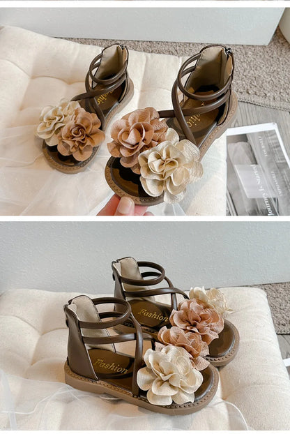 2025 Girls Sandals Summer New Flower Pearls Little Girl Princess Shoes Soft Bottom Non-slip Girl Kids Roman Sandals Shoes I03191
