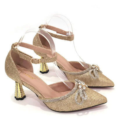 Ladies Pointed-Toe Party High Heels Magenta Colour Bow Rhinestone Stereo Bag Evening  African Wedding Shoe And Bag Set
