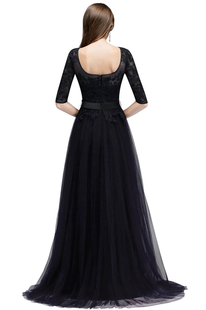 Vestidos de Renda Decote Redondo Noite Elegantes Meia Manga Aplicações Tule Festa Formal Longo Sem Costas Com Cinto Robe De