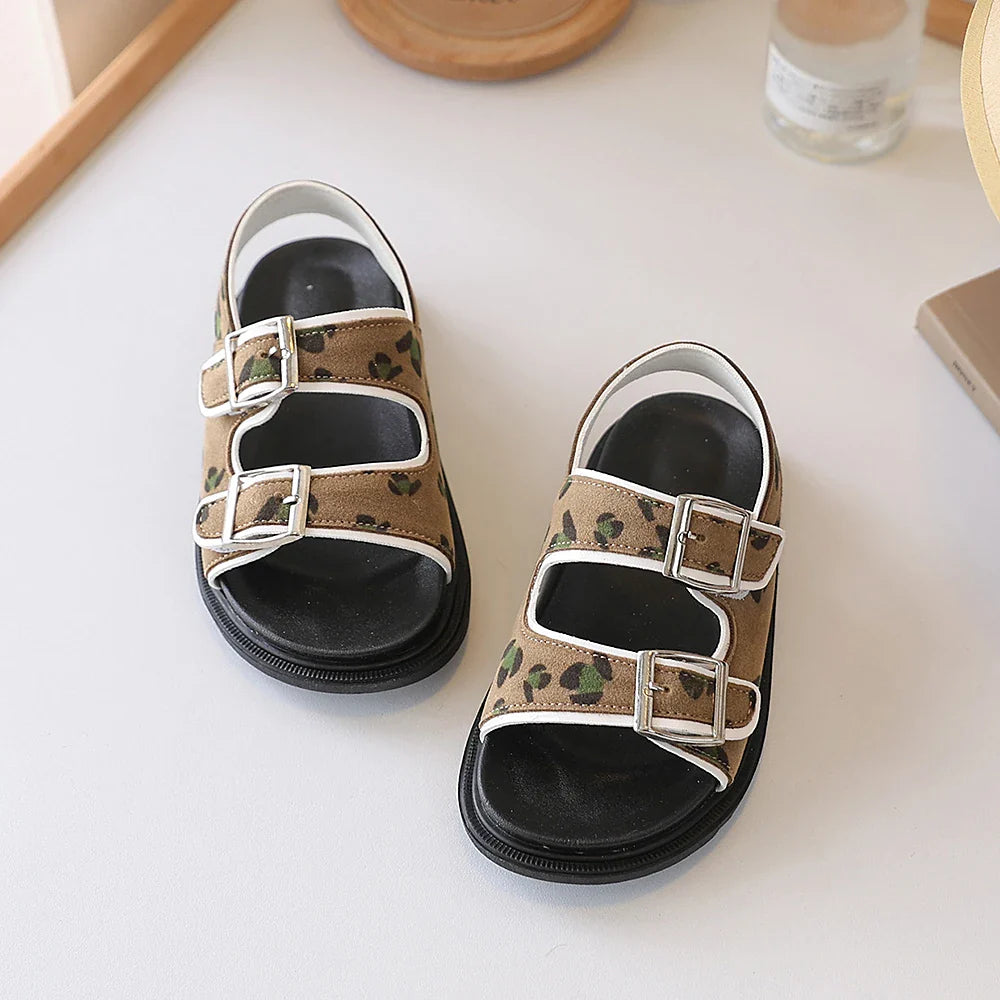 Kids Leopard Camo Double Buckle Roman Sandals, Thick Non-Slip Soft Elastic Rubber Sole Lightweight Children's Shoes,