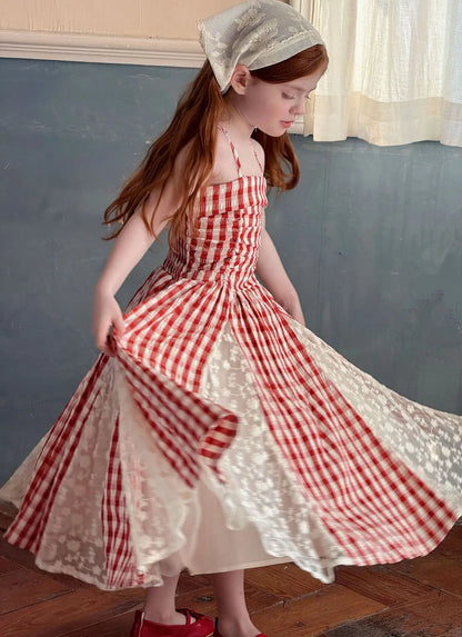 2025 Summer New Children Fairy Long Dress for Girls French Red Checkered Lace Splicing Lace Strap Dress