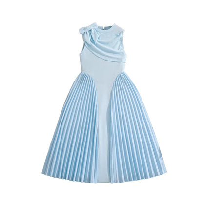 Girls 8-12 Light Blue Summer Casual Dress, Front Sleeveless Bow Decor High Waist Pleated Skirt, Daily Kids Outfit