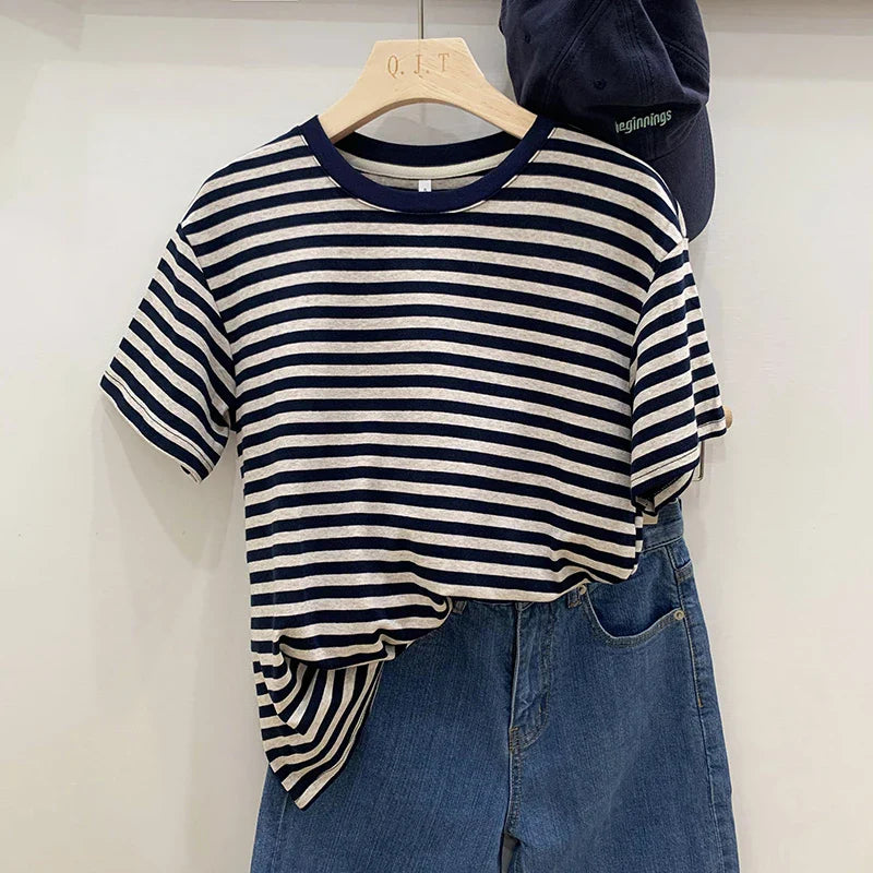 Summer Short Sleeve Striped T-Shirts Versatile Women Knitted Basic Casual Tops Female Cozy Loose Cotton Tees 2023 Harajuku Shirt