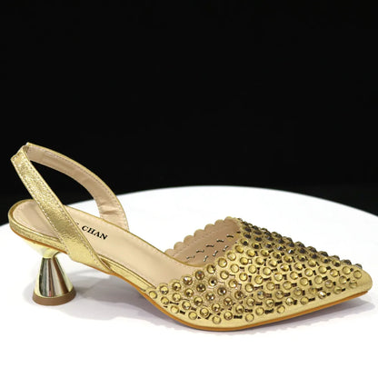 High Heels for Lady 2023 Luxury Designer Green Color Full Diamond Pointed Toe Wedding Shoe and Bag Set for Party