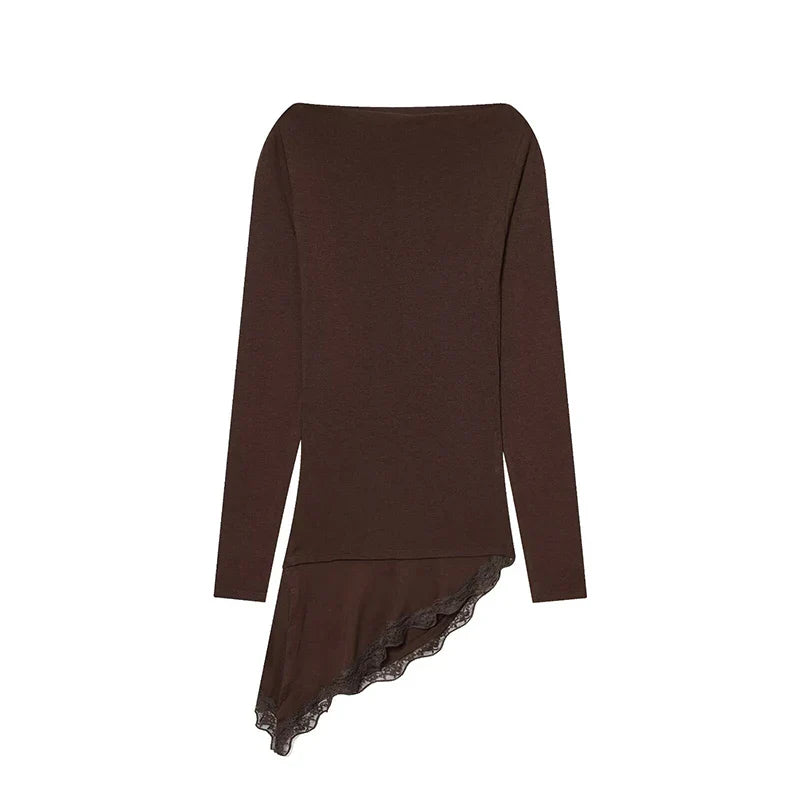 Women's T-Shirts Spring Autumn Fashion Lace Hem T Shirts for Women Asymmetry Streetwear Long Sleeve Slim Casual Tops