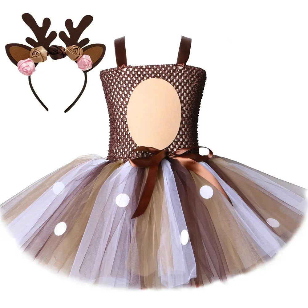 Deer Costume for Girls Christmas Tutu Dress Girls Fancy Elk Reindeer Dress Up Clothes Kids Halloween Birthday Party Costumes