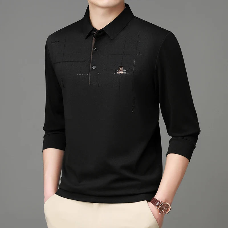 2025 Latest Autumn New Men's Long Sleeve Polo Shirt Middle Aged Business Comfortable Solid Color Men's Collar T-shirt