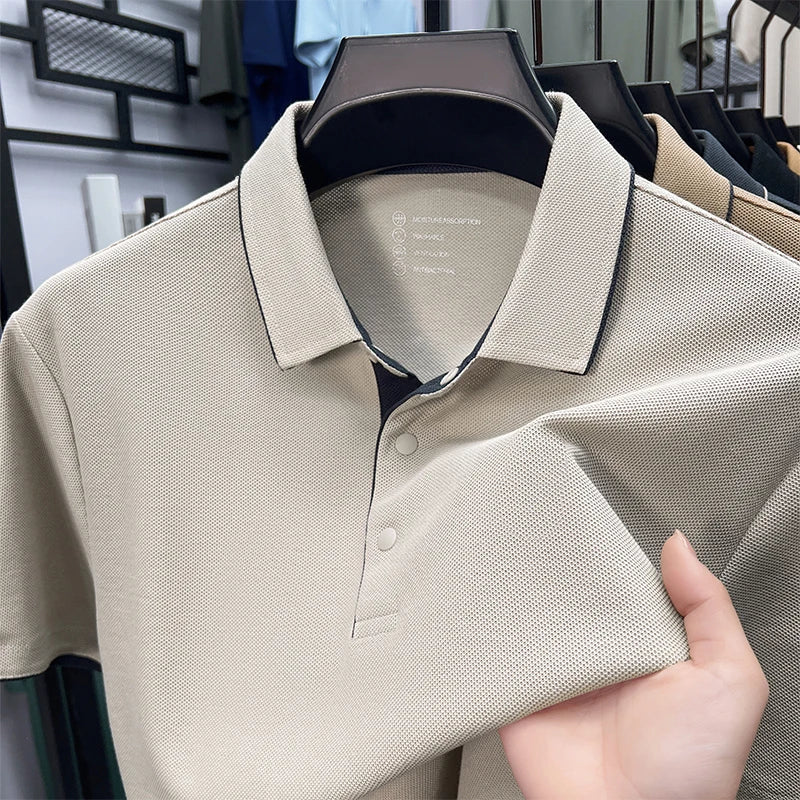 High quality 100% cotton solid color short sleeve polo shirt unique button men summer breathable comfort texture lapel T-shirt