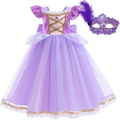 Short Sleeve Purple Puffy Dress + Accessories Girls Cosplay Rapunzel Summer Casual Dress Birthday Party Gift