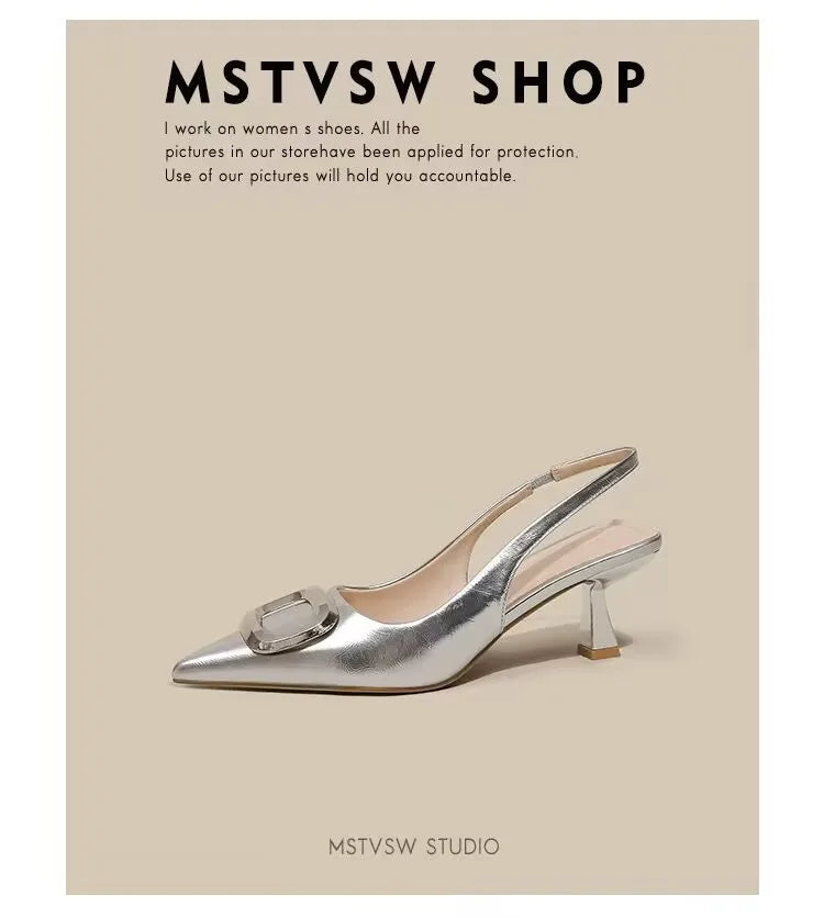 Brand Woman Slingback Shoes Fashion 2024 Spring New Ladies High Heels Elegant Med Heel Pointed Toe Slip on Sandal Mules