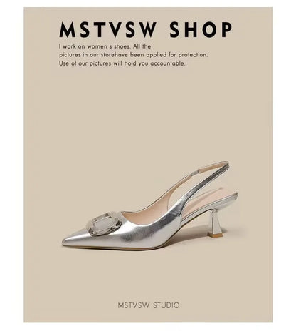 Brand Woman Slingback Shoes Fashion 2024 Spring New Ladies High Heels Elegant Med Heel Pointed Toe Slip on Sandal Mules