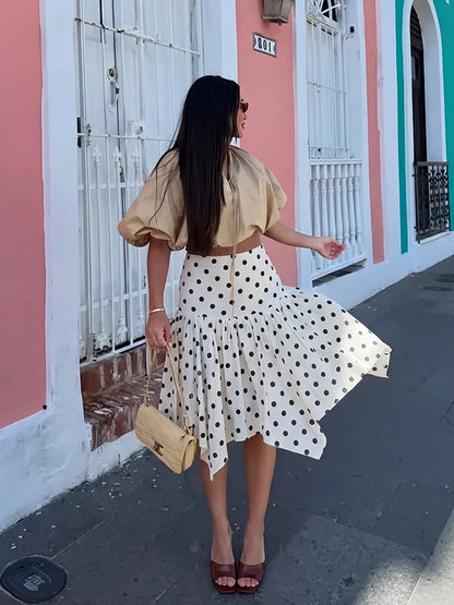 Elegant Summer Women Polka Dot Midi Skirt 2026 High Waist Irregular Hem Flowy Ruffle Skirt Beach Vacation Office Party Casual